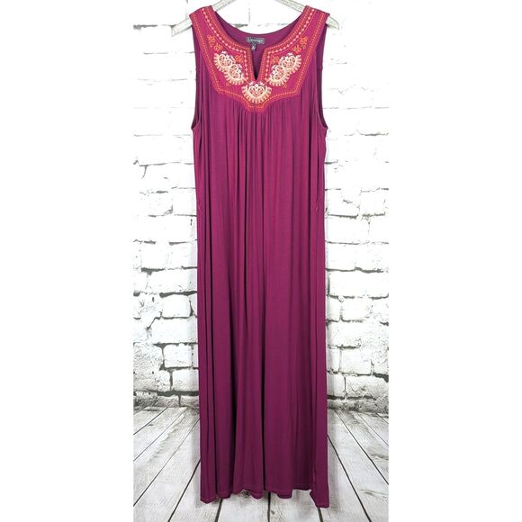LUXOLOGY Jersey-Knit Embroidered Maxi Dress Boho Cottage Beachy Stretch Size XL - Picture 5 of 8